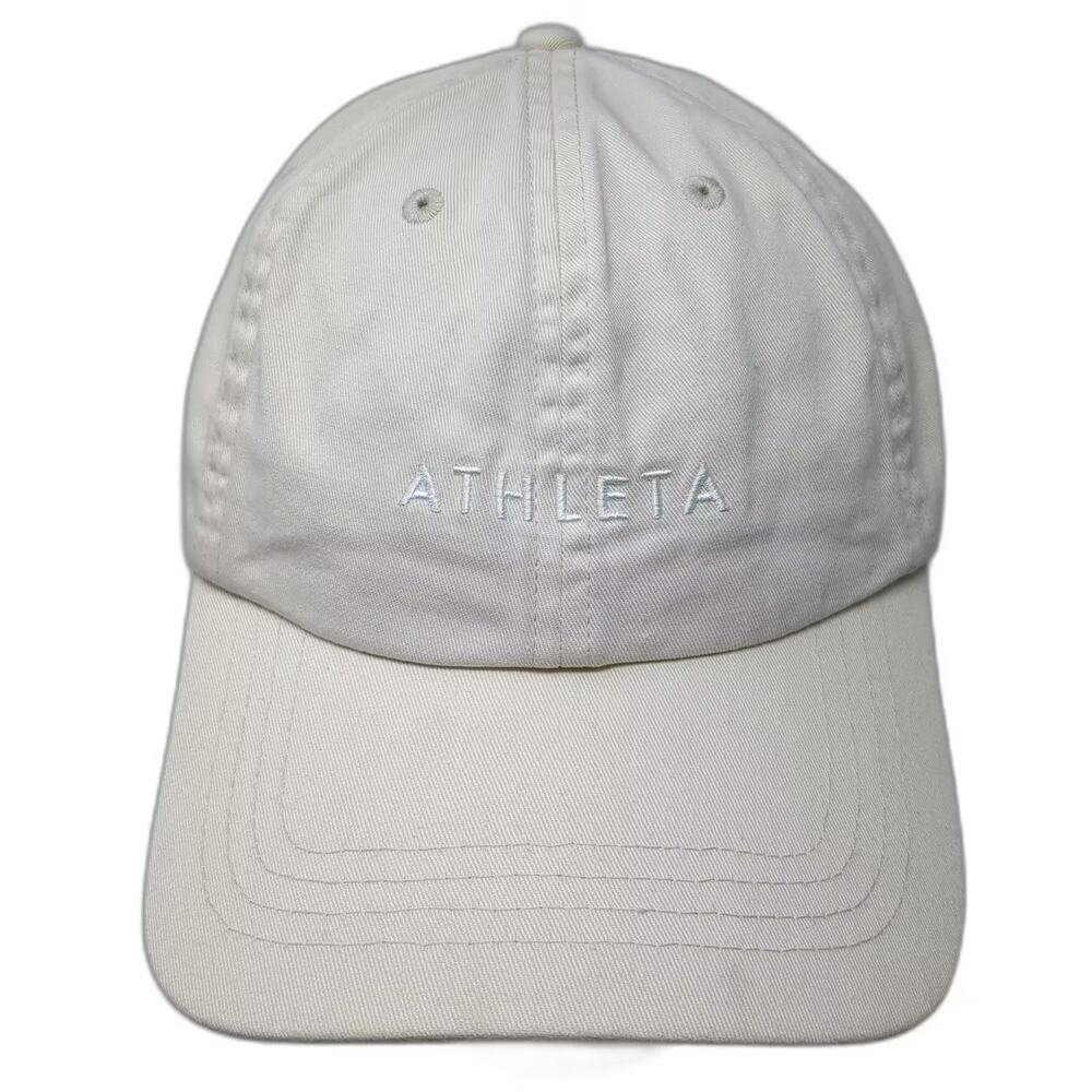 Athleta Baseball Cap Hat Beige White One Size Slideback Adjustable Embroidered